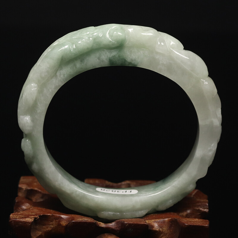 53mm White Green Jadeite Jade Bangle Bracelet Hand-carved Dragons 07709
