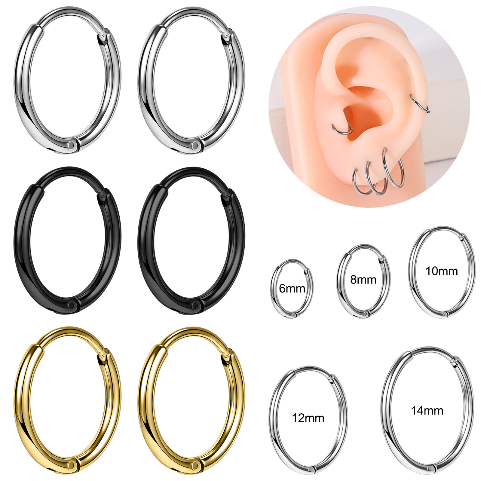 3Pairs Stainless Steel Hoop Earrings Hinged Clicker Nose Rings for Women Men 16G