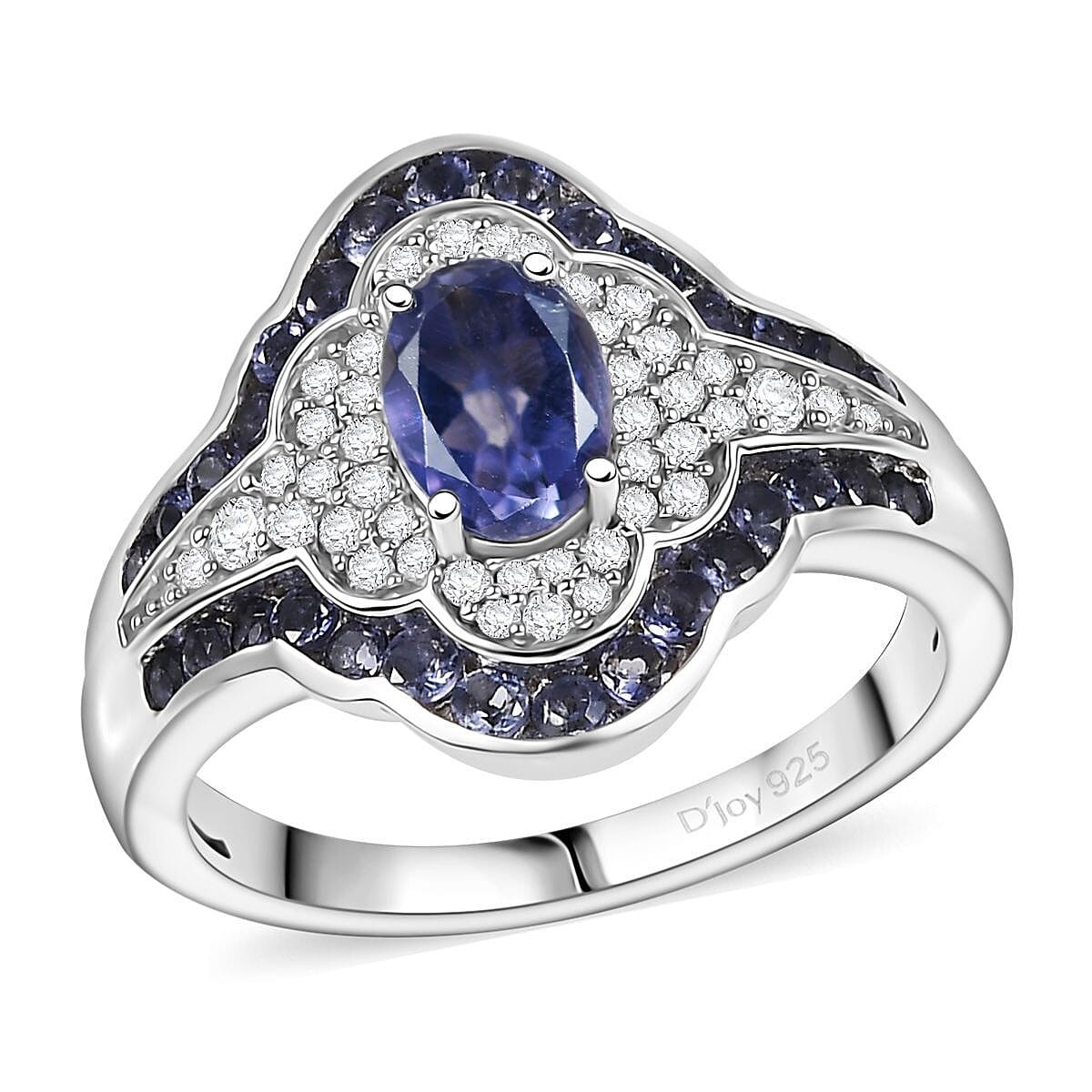 Gorgeous!! 1.75ctw Iolite & Zircon Nebula Crown Ring Rhodium Plated Size 5