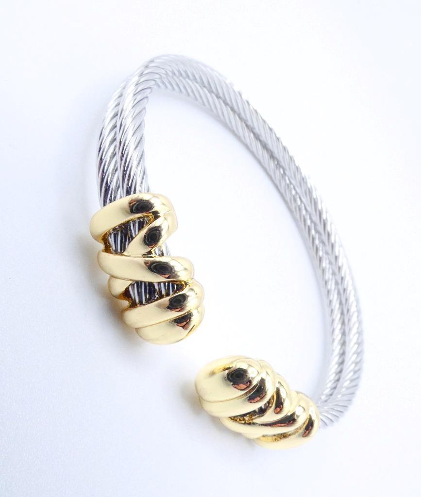LUXURIOUS 18kt Gold Plated Crisscross X End Tips Double Cable Cuff Bracelet