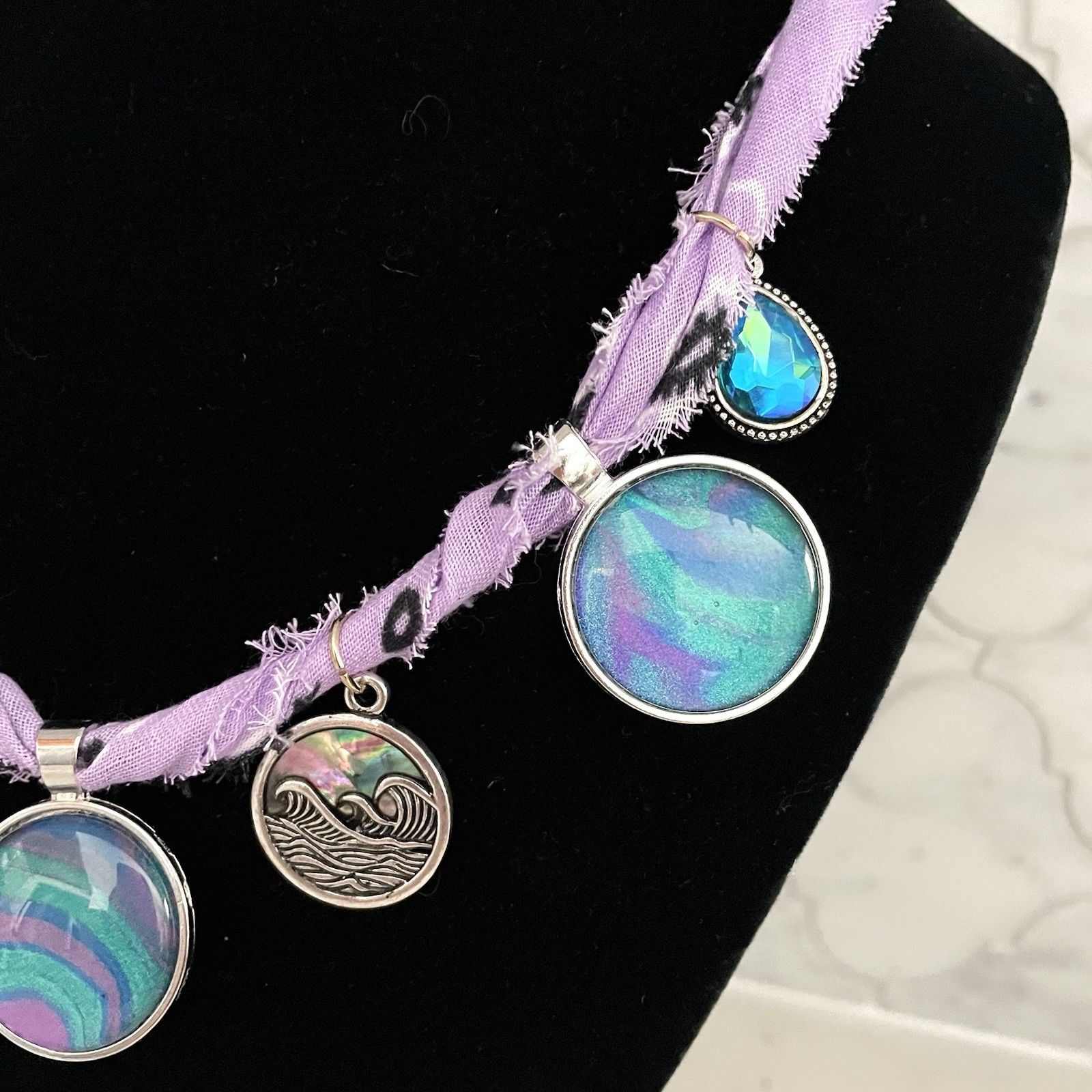 Fluid Art Paint Pour Handmade Charm Bandana Necklace Purple, Teal