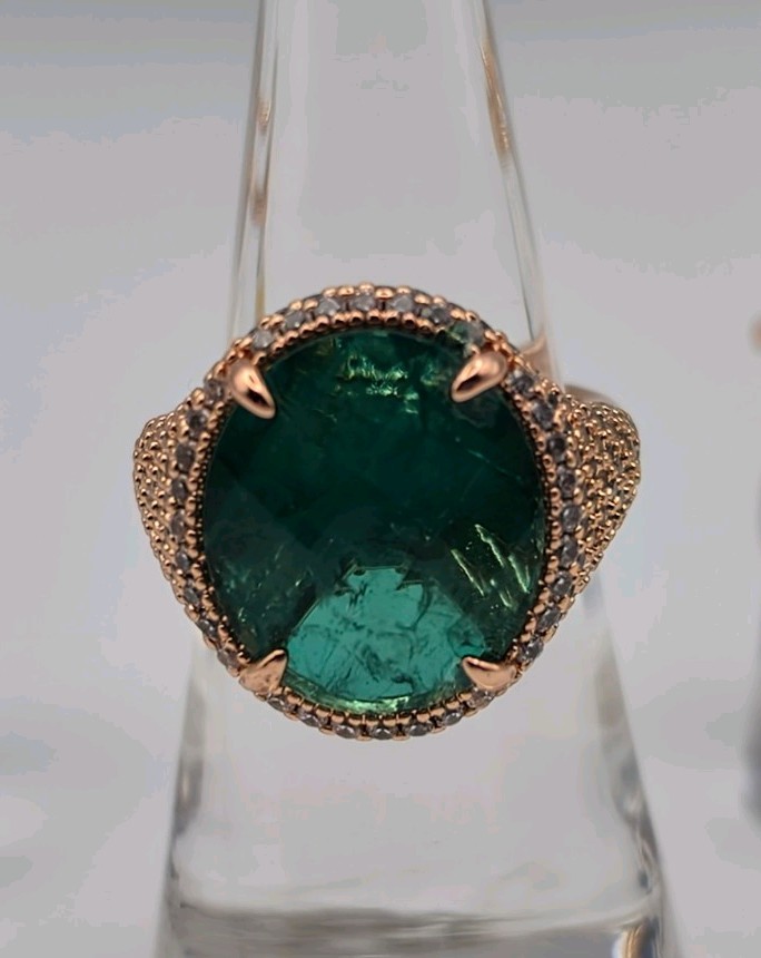 Bomb Party. “A Wish In The Garden” LC Emerald + Quartz Rose Gold May Ring Sz 6