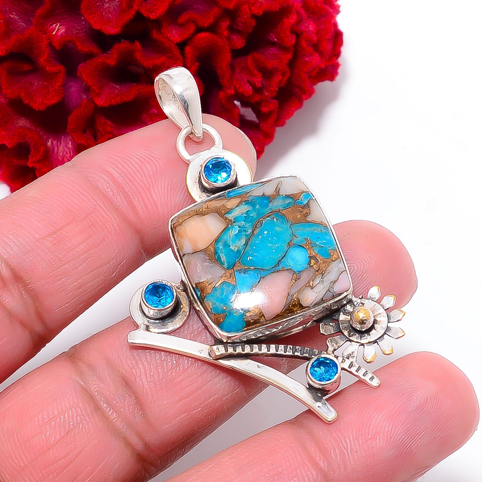 Copper Pink Opal Kingman Blue Turquoise & Blue Topaz 925 Silver Pendant 2.26″