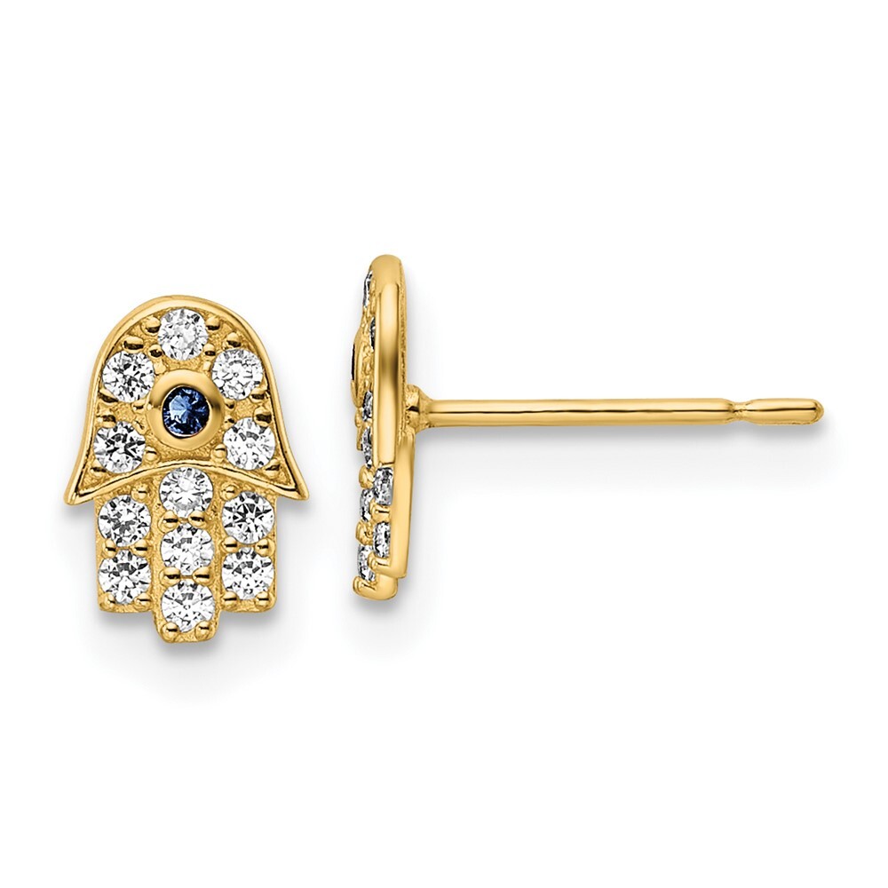 8.1mm 14K Yellow Gold CZ & Blue Glass Stone Hamsa Post Earrings