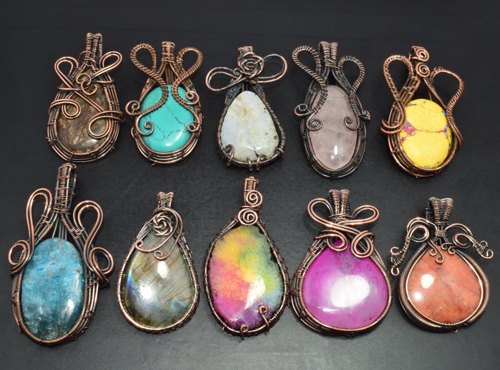 10 Pcs Lot Labradorite & Mix Gemstone Handmade Copper Wire Wrap Pendant Jewelry