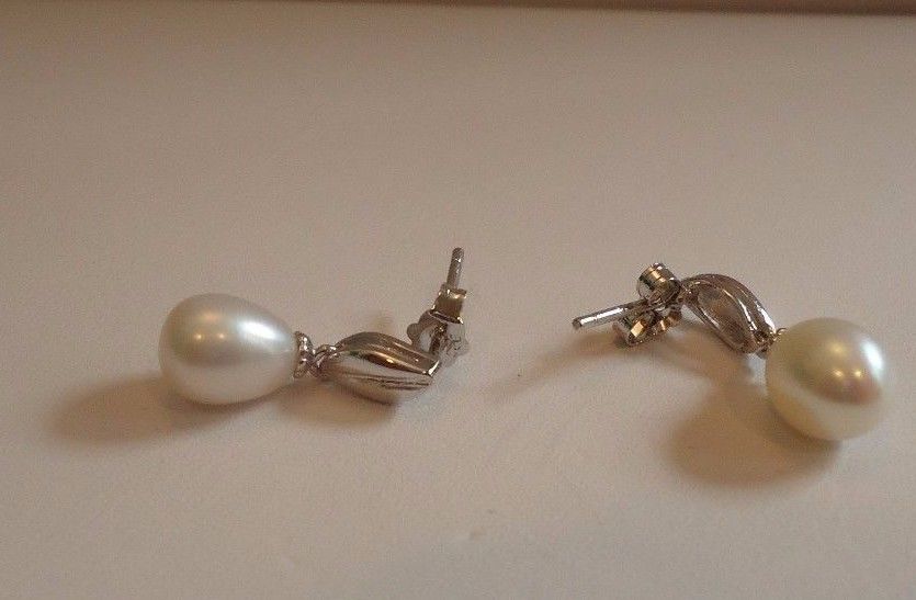 LADIES DESIGNER DANGLING MARQUISE SHAPE PEARL STUD EARRINGS 925 STERLING SILVER