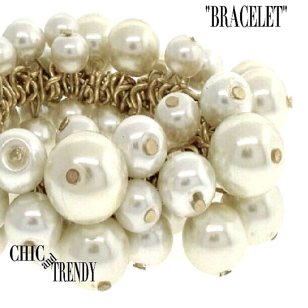 STATEMENT TRUE WHITE PEARL STRETCH BRACELET FORMAL, CASUAL PROM WEDDING JEWELRY*