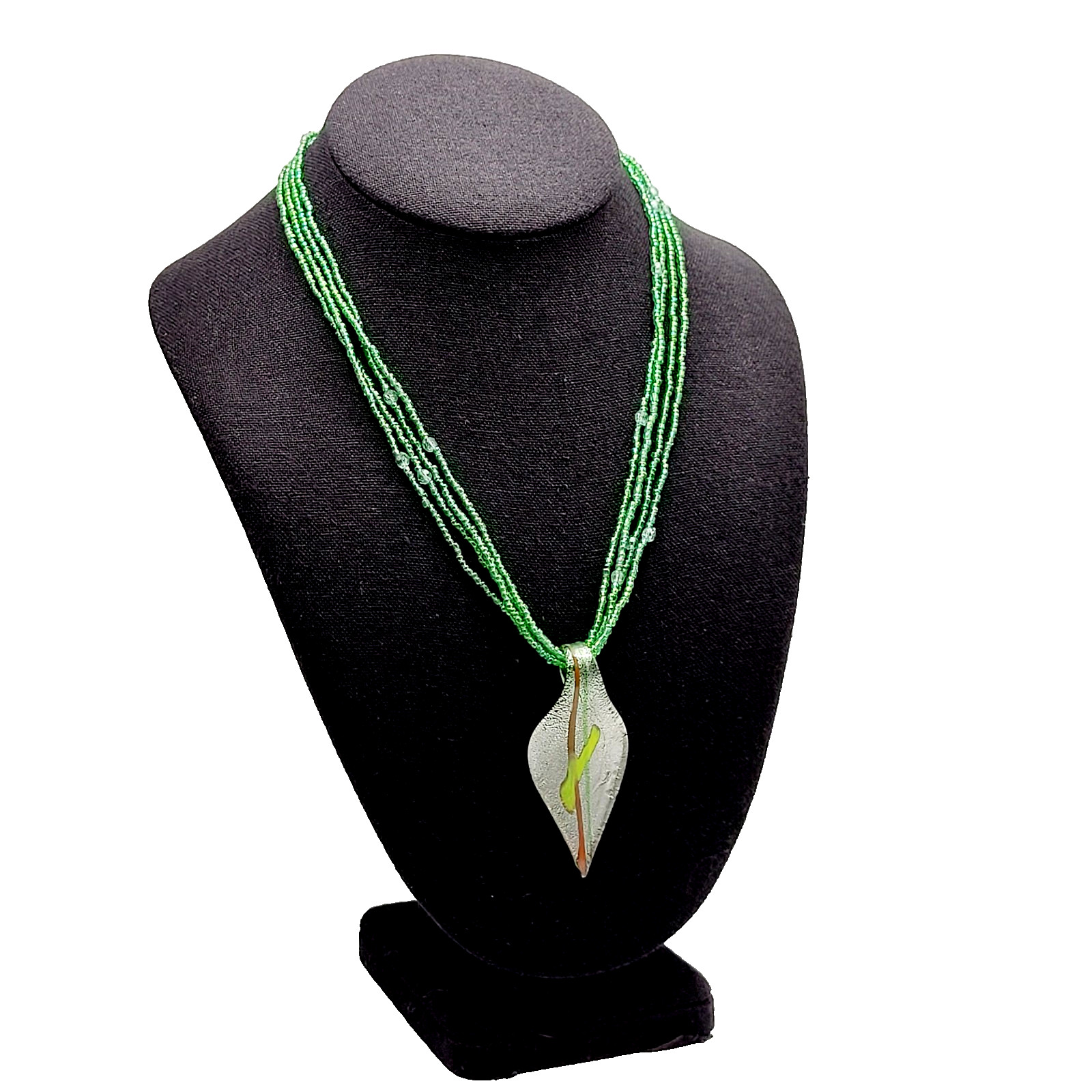 Green Art Glass Pendant Iridescent Seed Bead Multi Strand Necklace Vtg Y2K Era