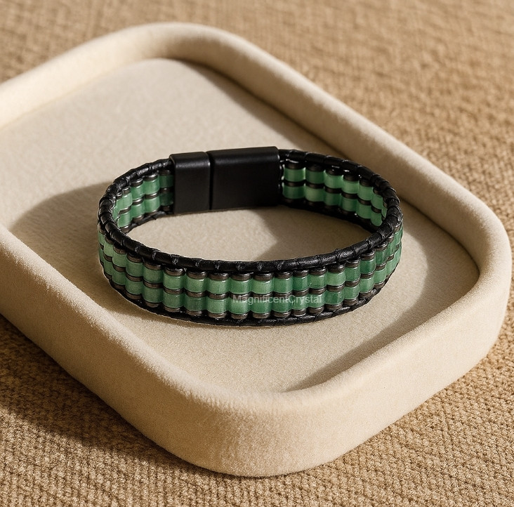 Green Aventurine Hematite Men Bracelet Braided Leather Magnetic Clasp Jewelry