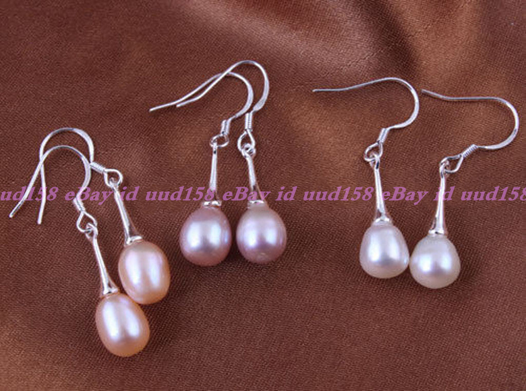 8-9mm White Pink Purple Natural Freshwater Pearl Dangle Silver Hook Earrings