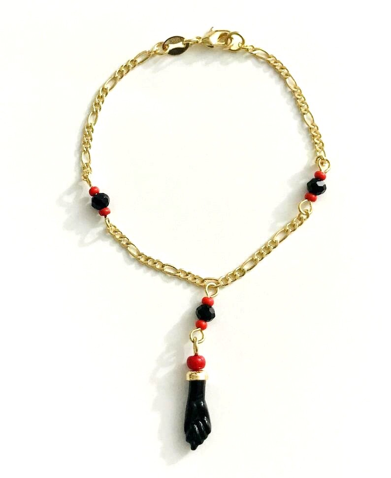 18k Gold Filled Azabache Unisex Adult Bracelet 7″ long /Pulsera Azabache 7″- B46