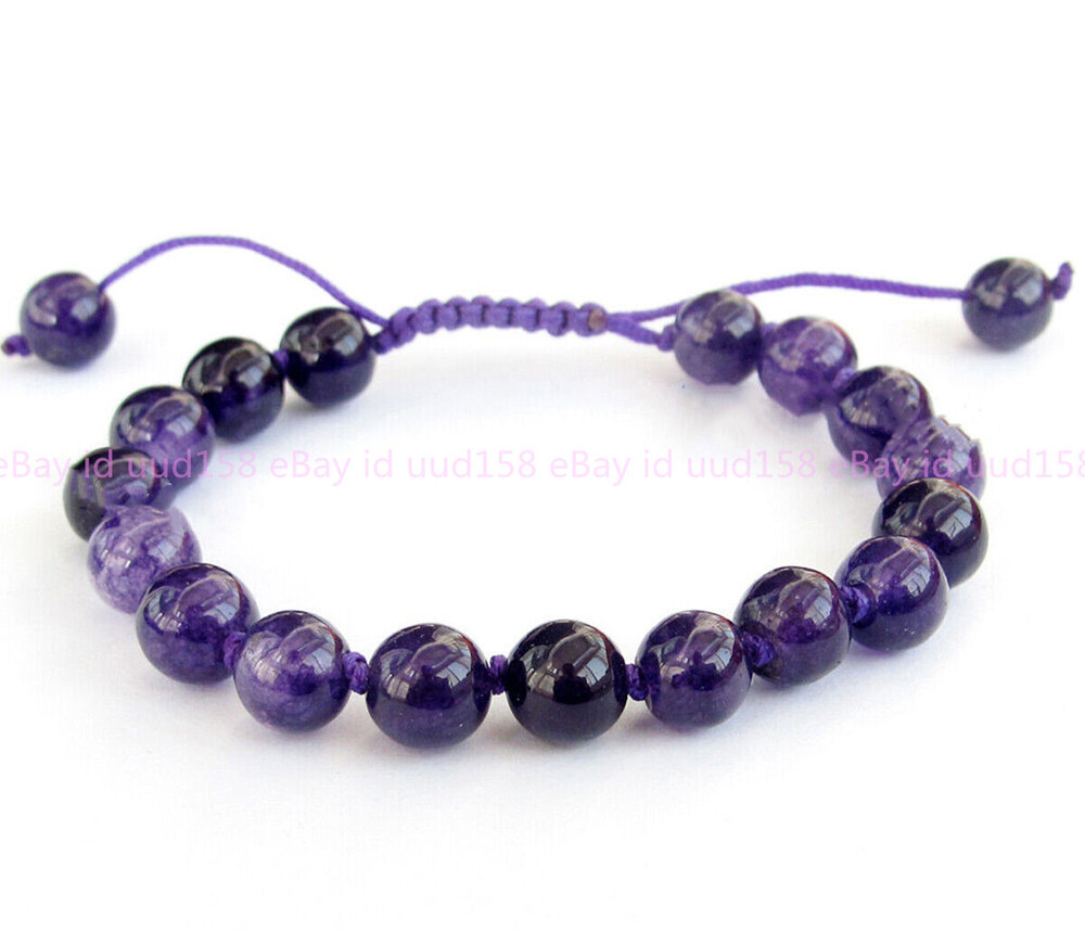 Handmade 6/8/10/12mm Amethyst Round Gemstone Braid Adjustable Bracelet 7.5”