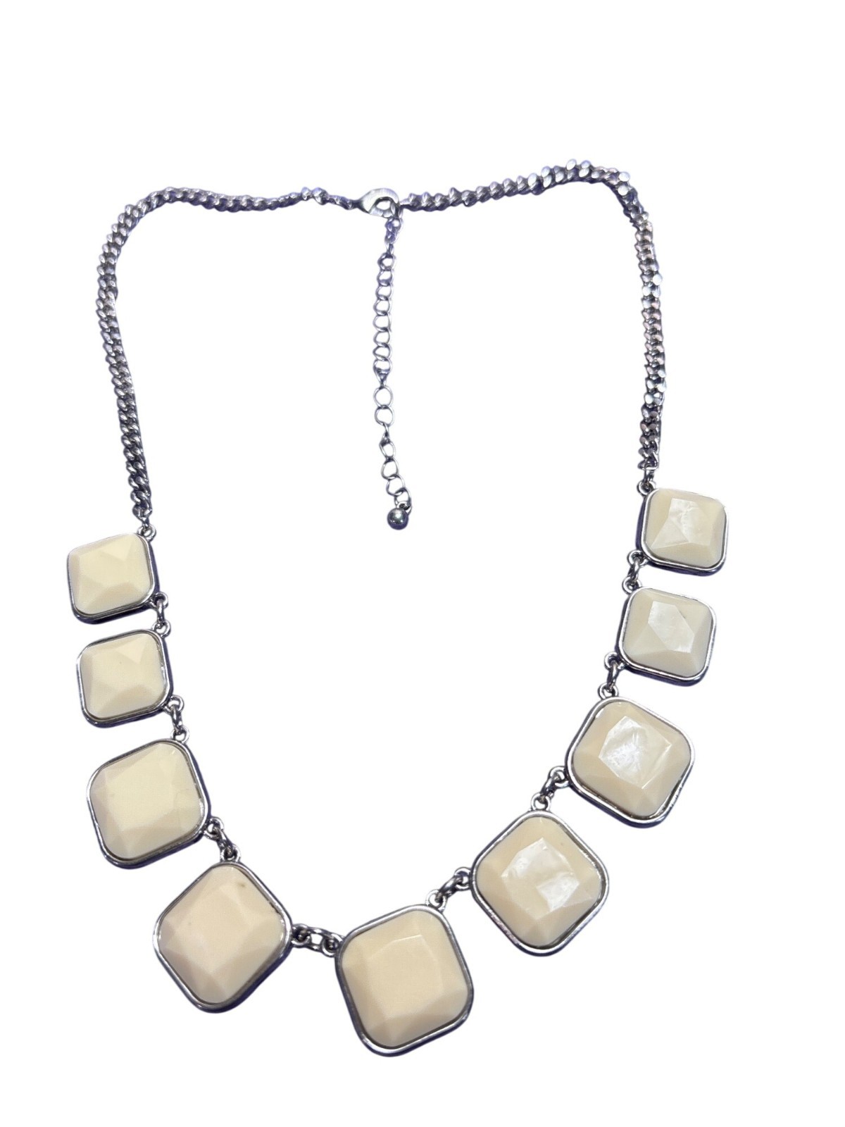 Cream Plastic Rhinestone Necklace Silvertone Chain 16 – 19 inches Needs Cleaned