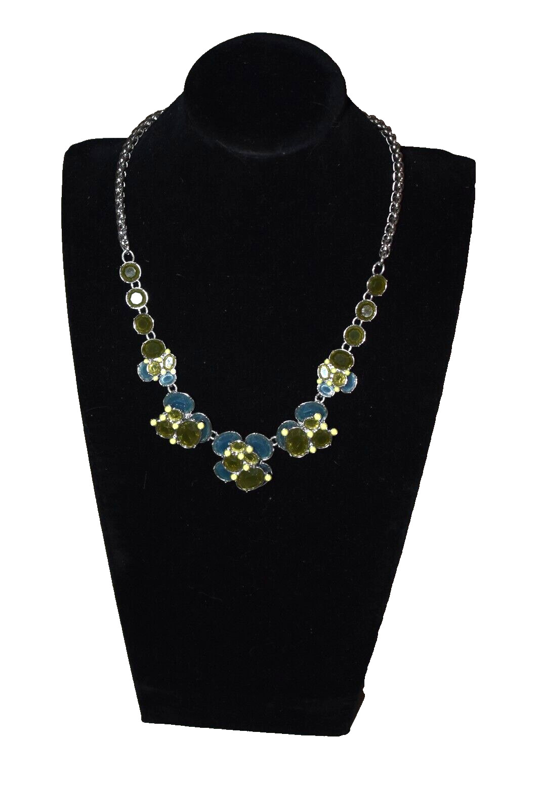 TALBOTS Cluster Floral Silver Tone Chain Statement Necklace Blue & Green 19″ B1
