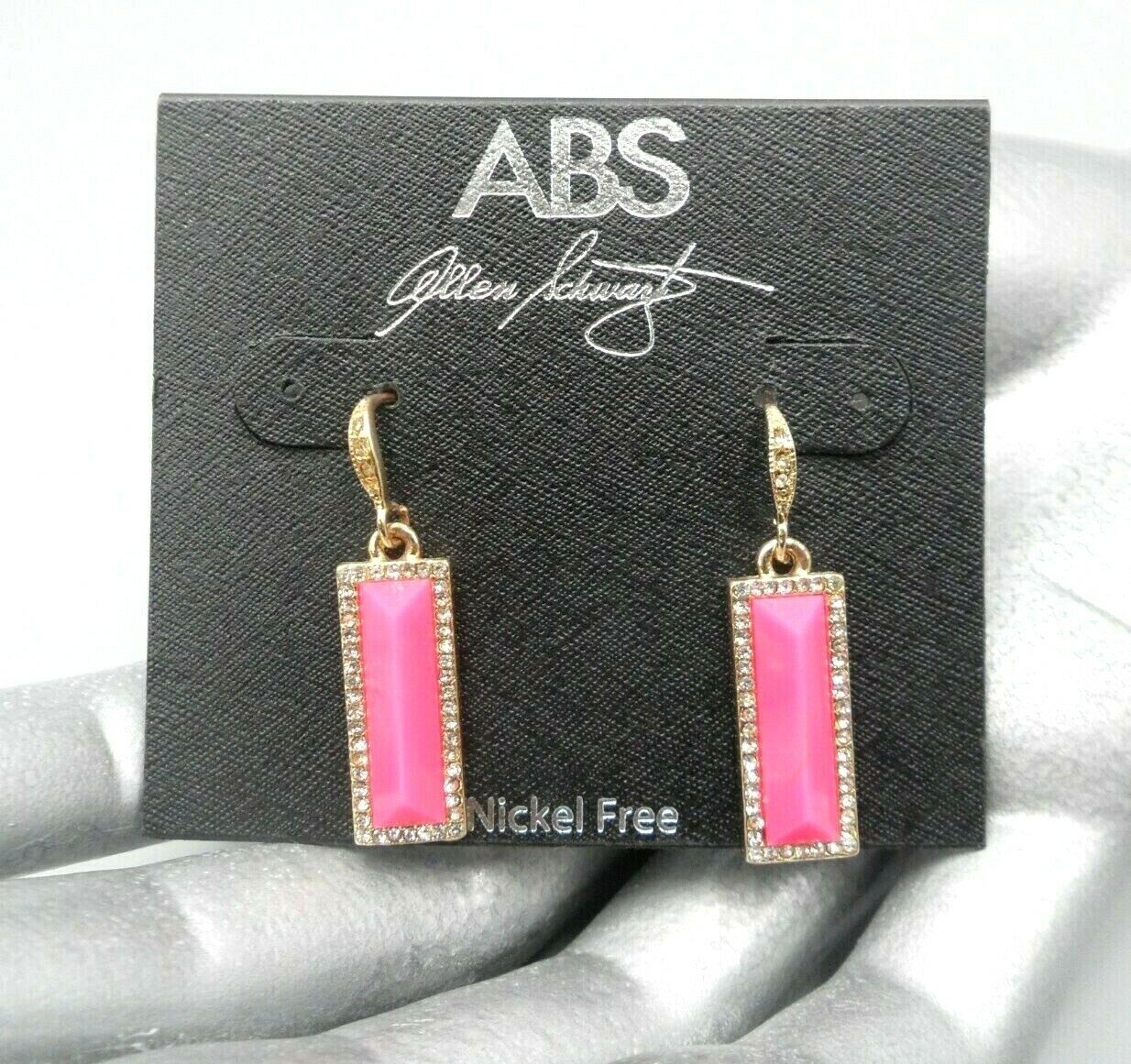 ABS Signed Earrings Hot Pink Rectangle Rhinestone Bar Nickle Free $40 Retail