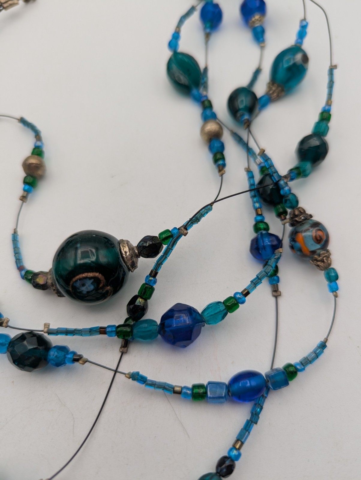 Glass & Plastic 5 Strand Beaded Necklace Blue Green Silver Tone