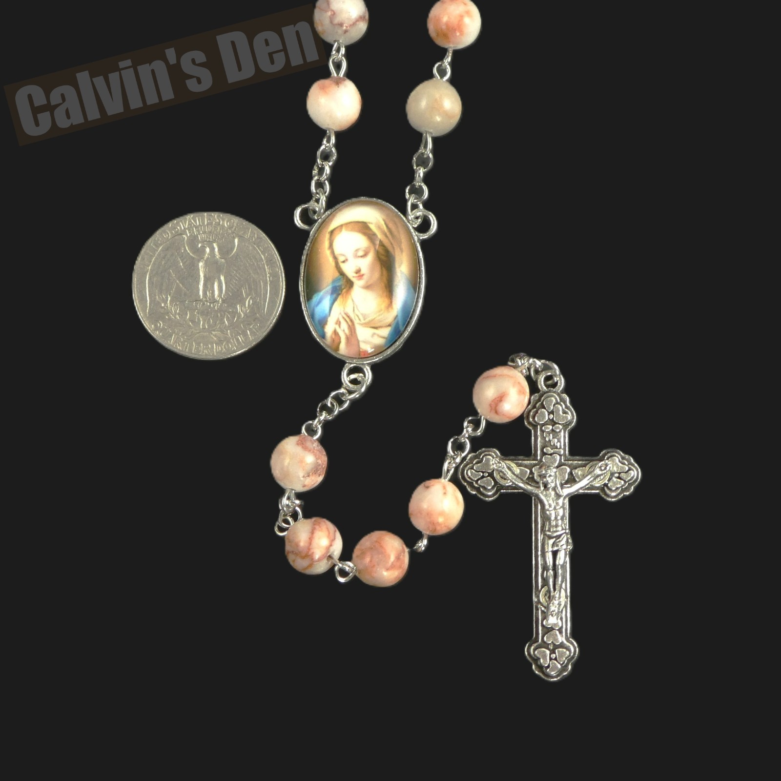 Virgin in Prayer Rosary Necklace Red Vein Jasper Bead Crucifix Cross Men Women