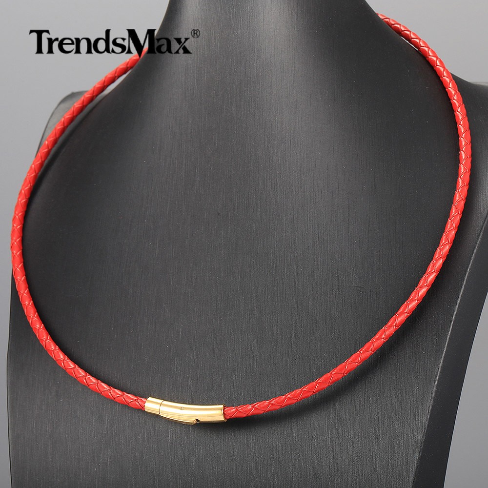 4mm Red Leather Rope Necklace Choker Gold Plated Stainless Steel Push Lock New