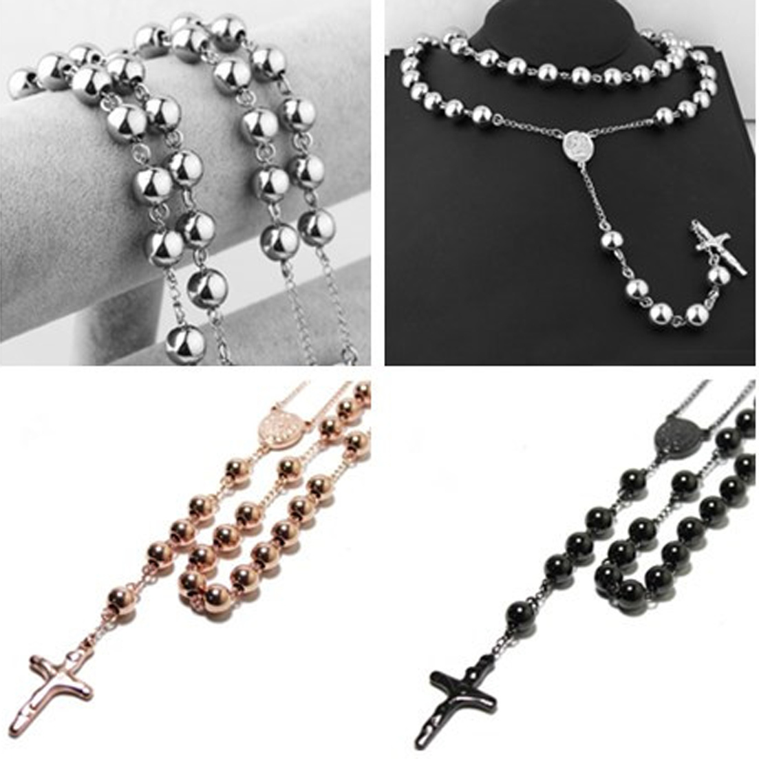 4/6/8/10mm Fashion 316L Stainless Steel Men Women Jesus Rosary Pendant Necklace