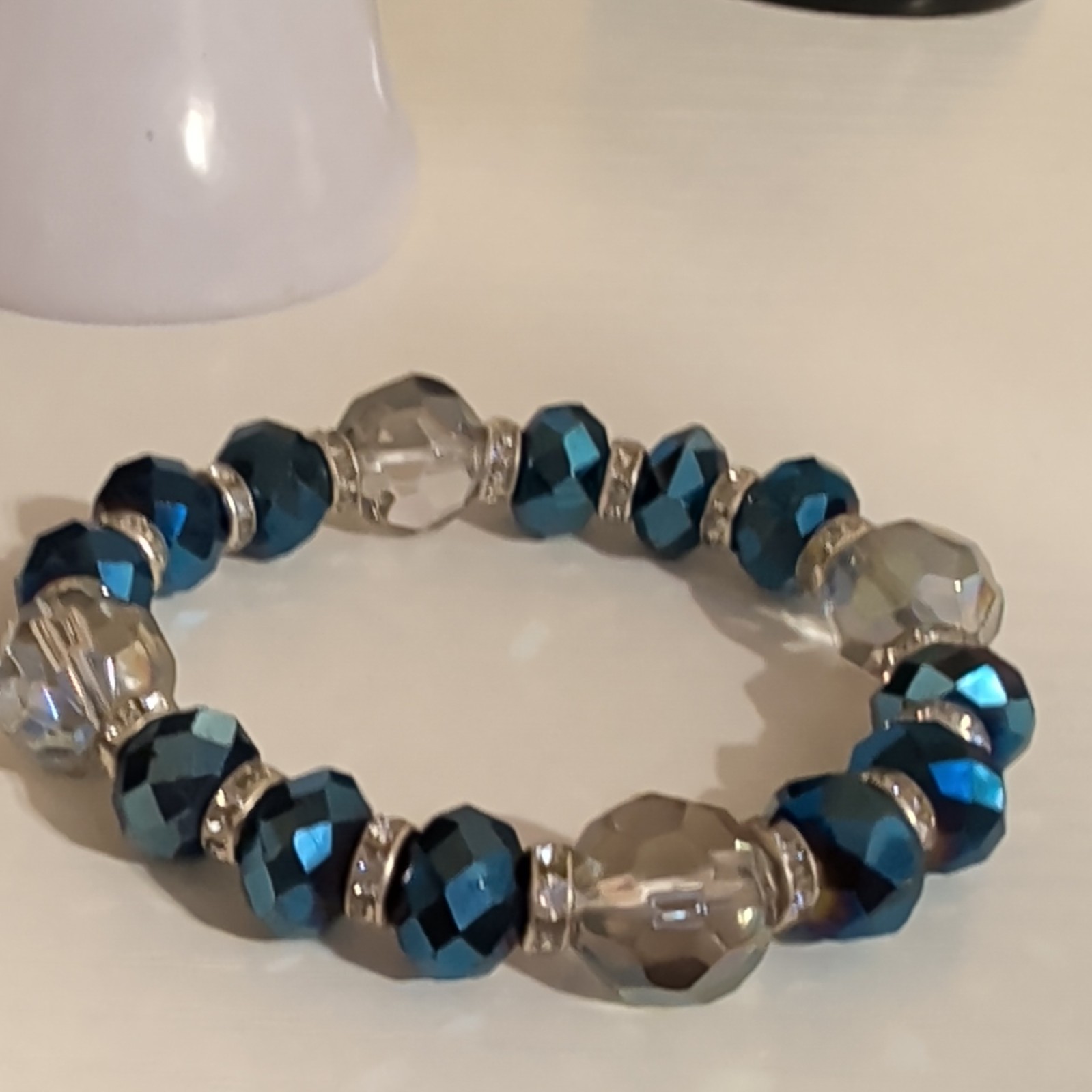 Blue & Clear Round Crystal Beaded Stretch Bracelet w/ Rhinestone Spacers