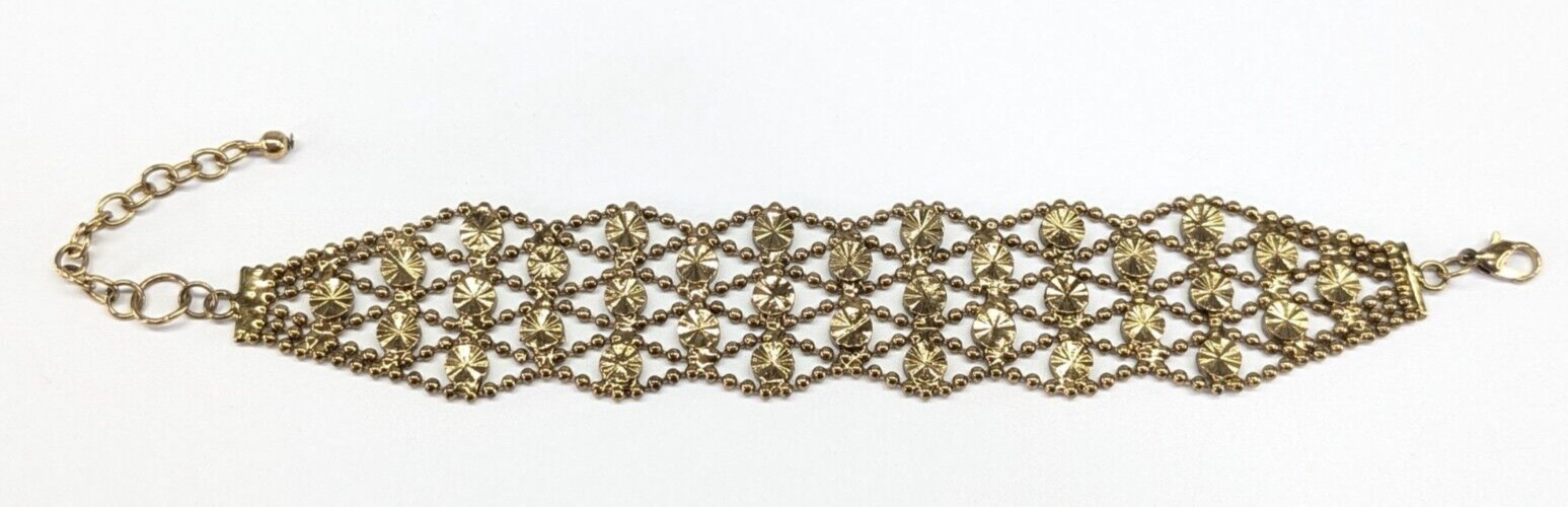 Openwork Brass Tone Woven Look Circle Linked Adjustable Bracelet 7.5-9″