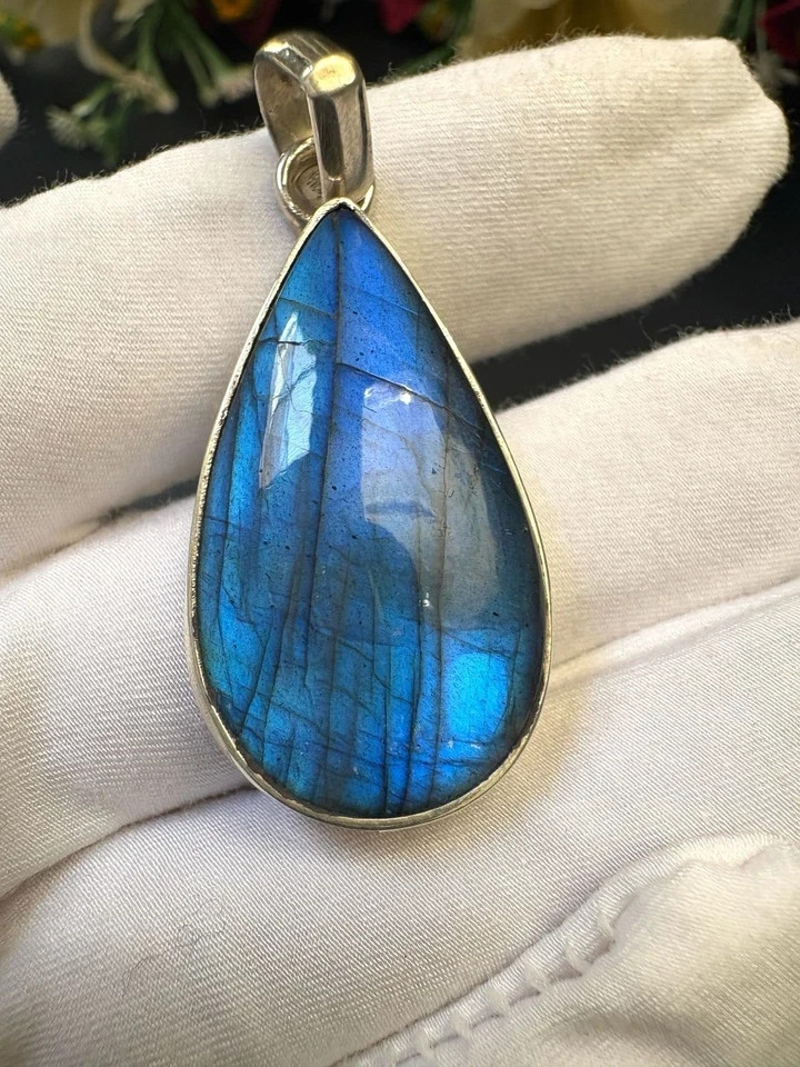 Blue Flash Labradorite Pendant 925 Sterling Silver Teardrop Gemstone