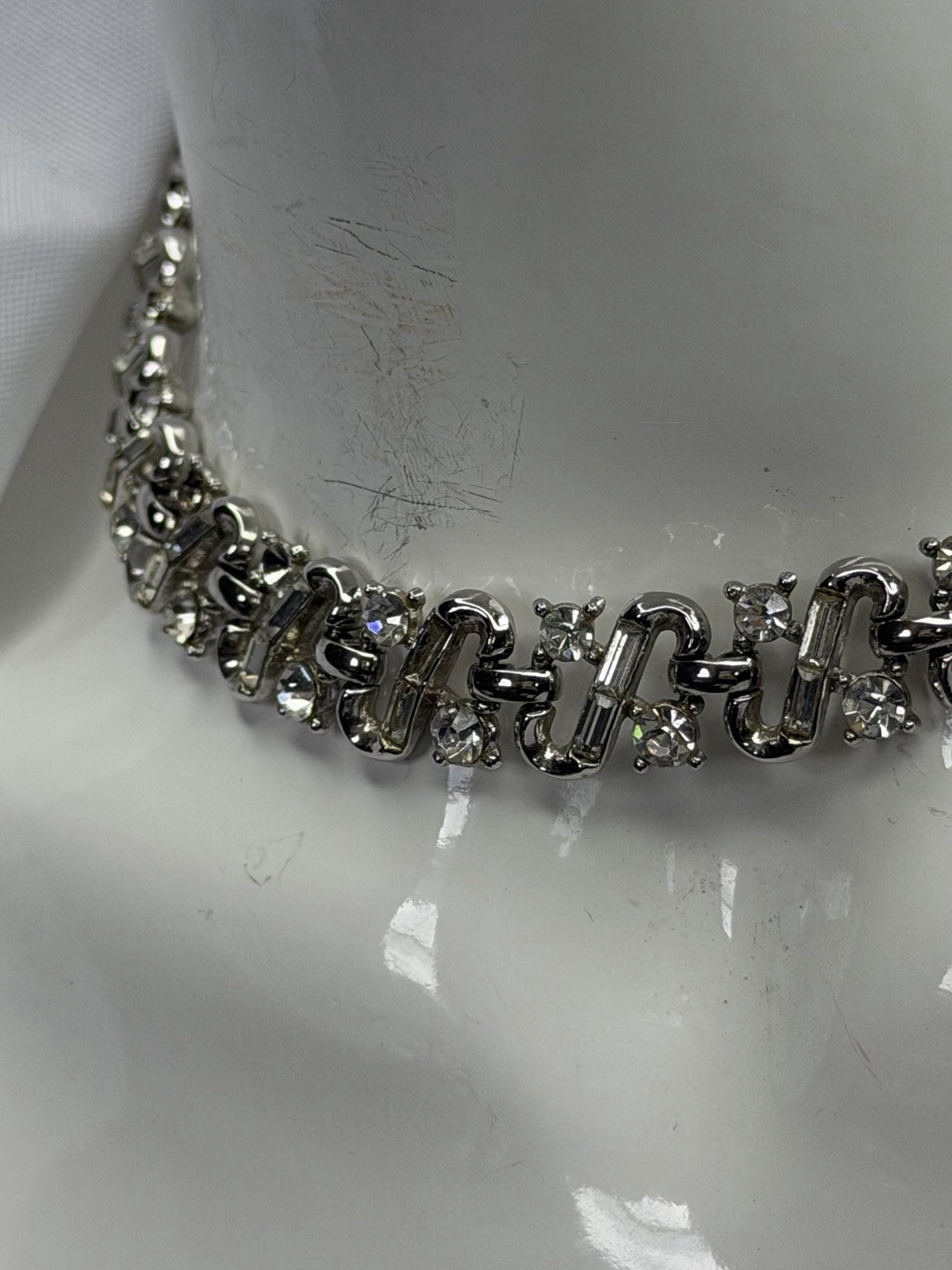 Trifari Silver Tone Clear Crystal Rhinestone Link Choker Necklace Signed