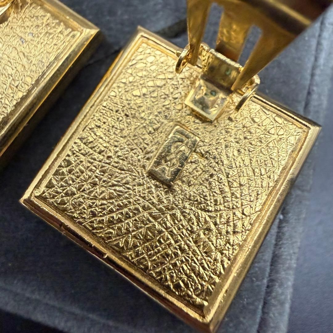 Yves Saint Laurent Earrings YSL Square Engraving Vintage Gold Tone From Japan