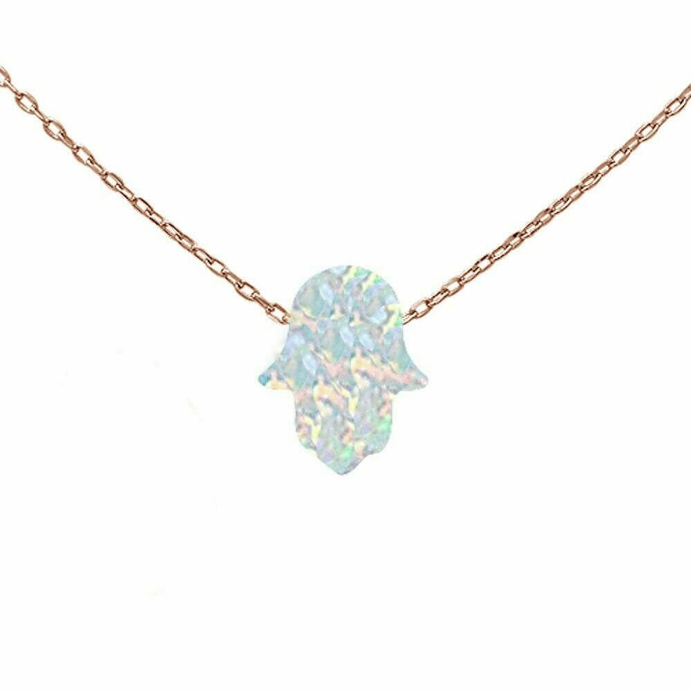 Turkish! Rose Gold Plated White Opal Hamsa Symbol .925 Sterling Silver Necklace