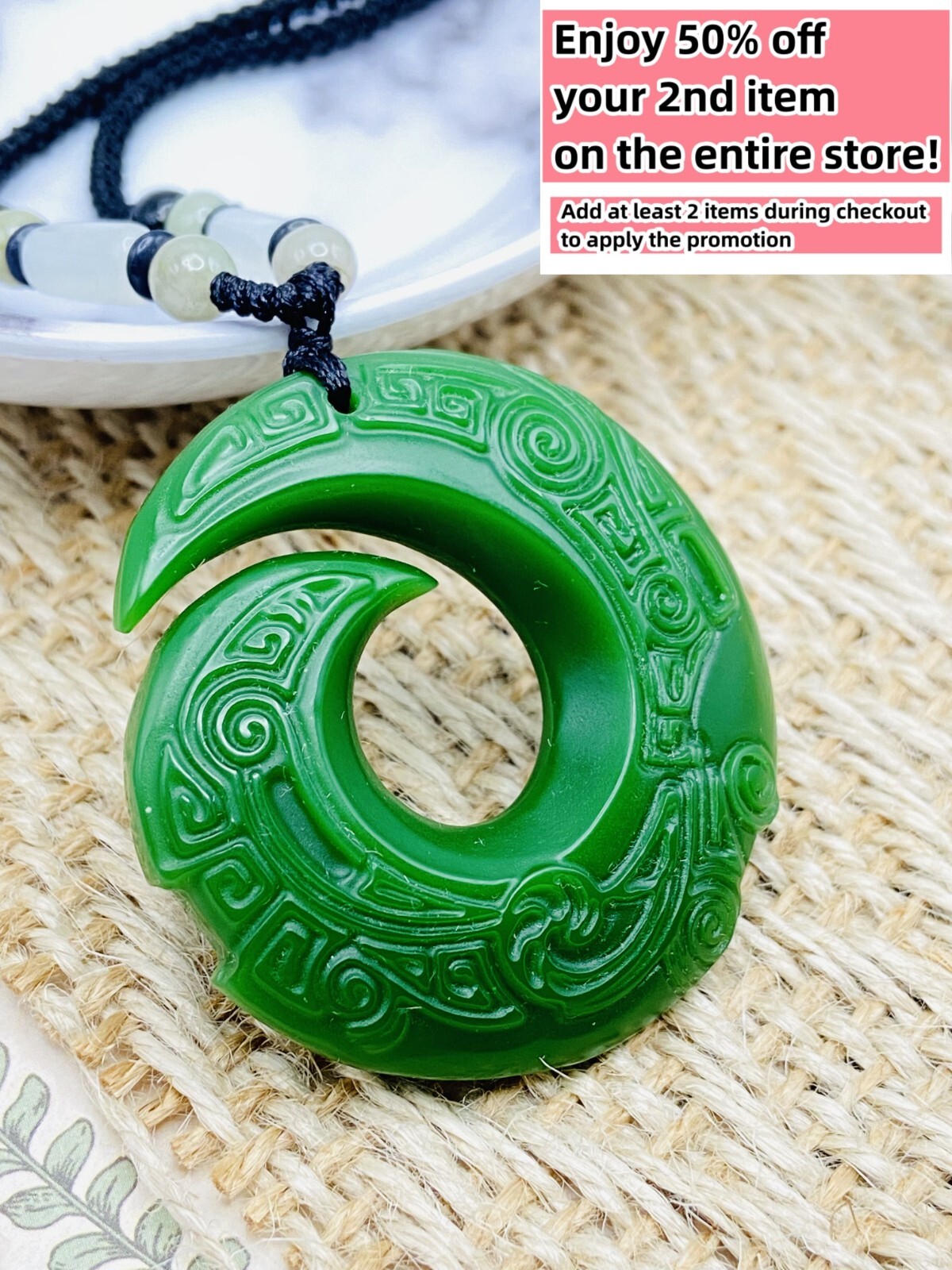 Green Jade Horn Charm Pendant Necklace W/ Beads Cord Handmade Carved Gemstone