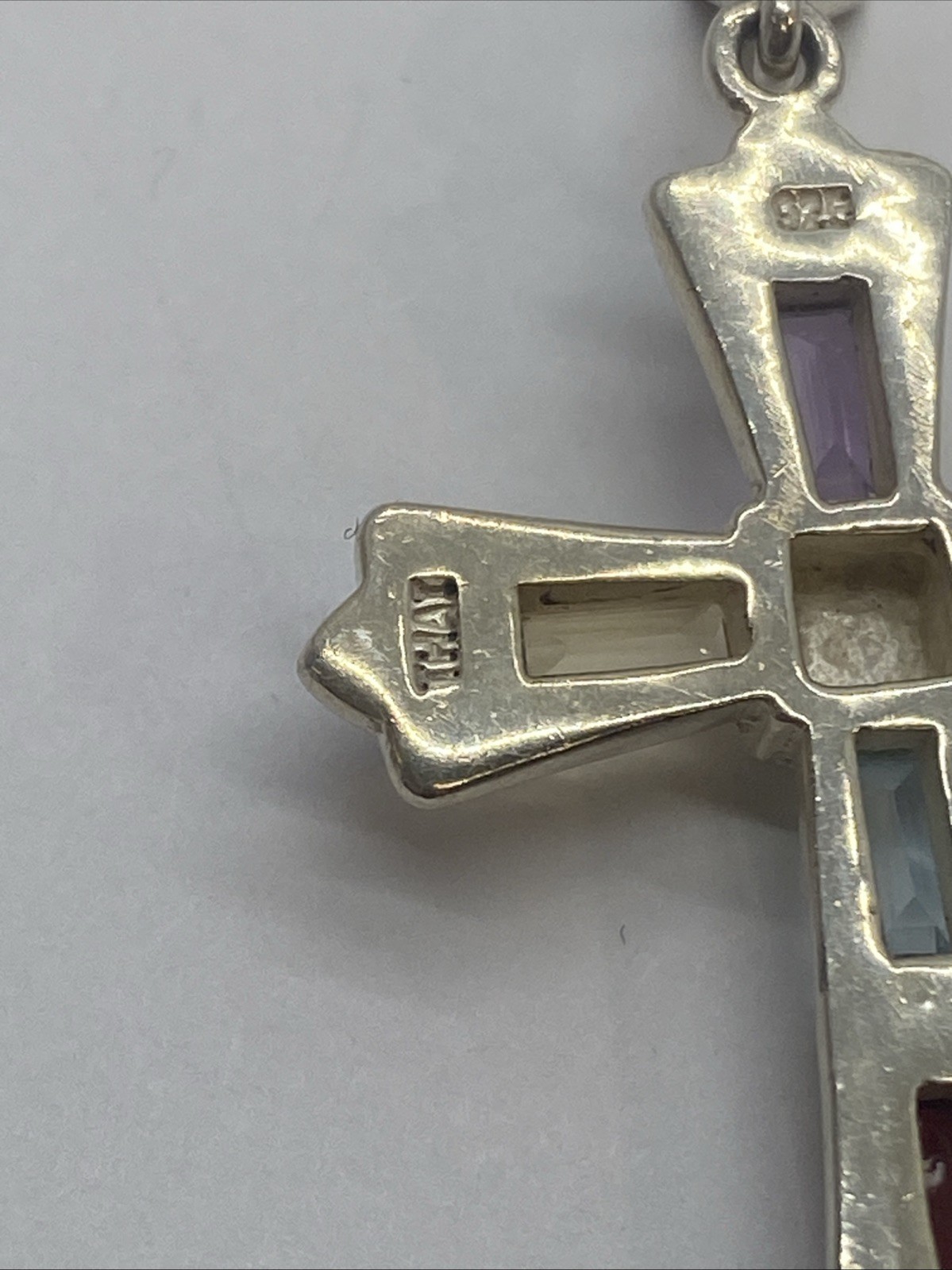 Marcasite Sterling Silver Cross Pendant with Multi Color Baguettes signed SA