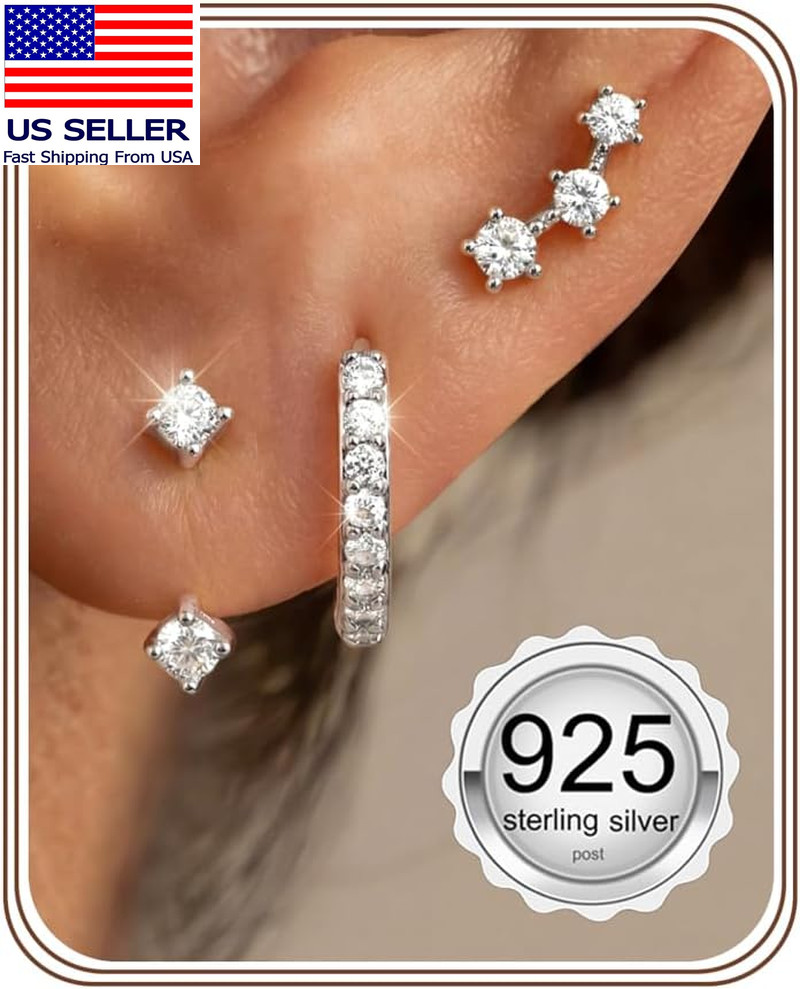 3 Pairs 925 Sterling Silver Hypoallergenic Earrings for Women Trendy – 14K Gold