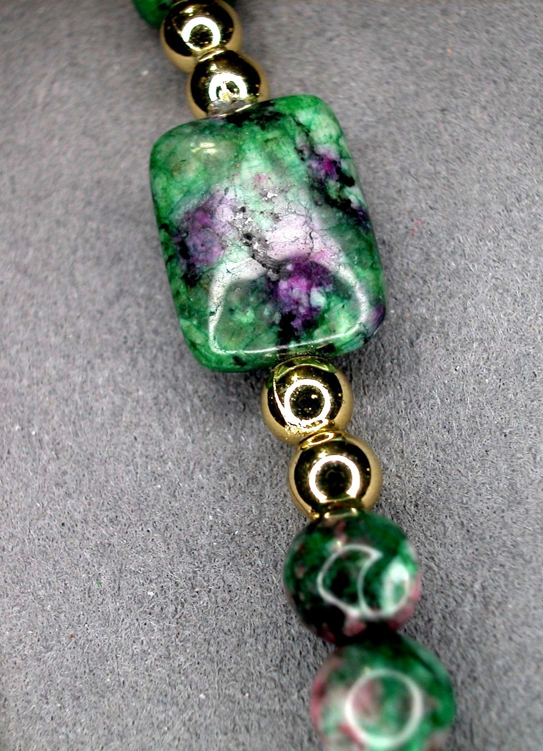 Ruby Zoisite & Gold Bead Necklace With Toggle Clasp 30 Inches Long
