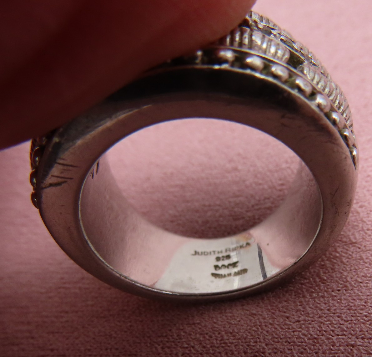 Judith Ripka Sterling Silver Ring Cocktail Clear CZ Crystal Sz 6 Wide Band 919f