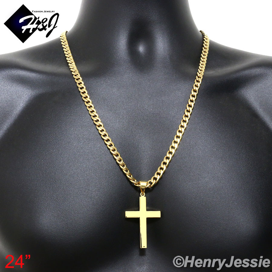 18″-40″Stainless Steel 7mm Gold Plated Cuban Curb Chain Plain Cross Pendant*GP64