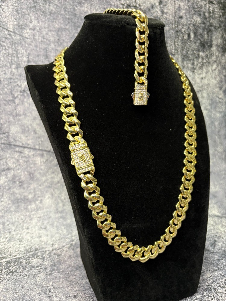 14K Gold Filled Cuban Link Monaco Chain 20″ 12mm & Bracelet 8″ Iced Box Lock Men