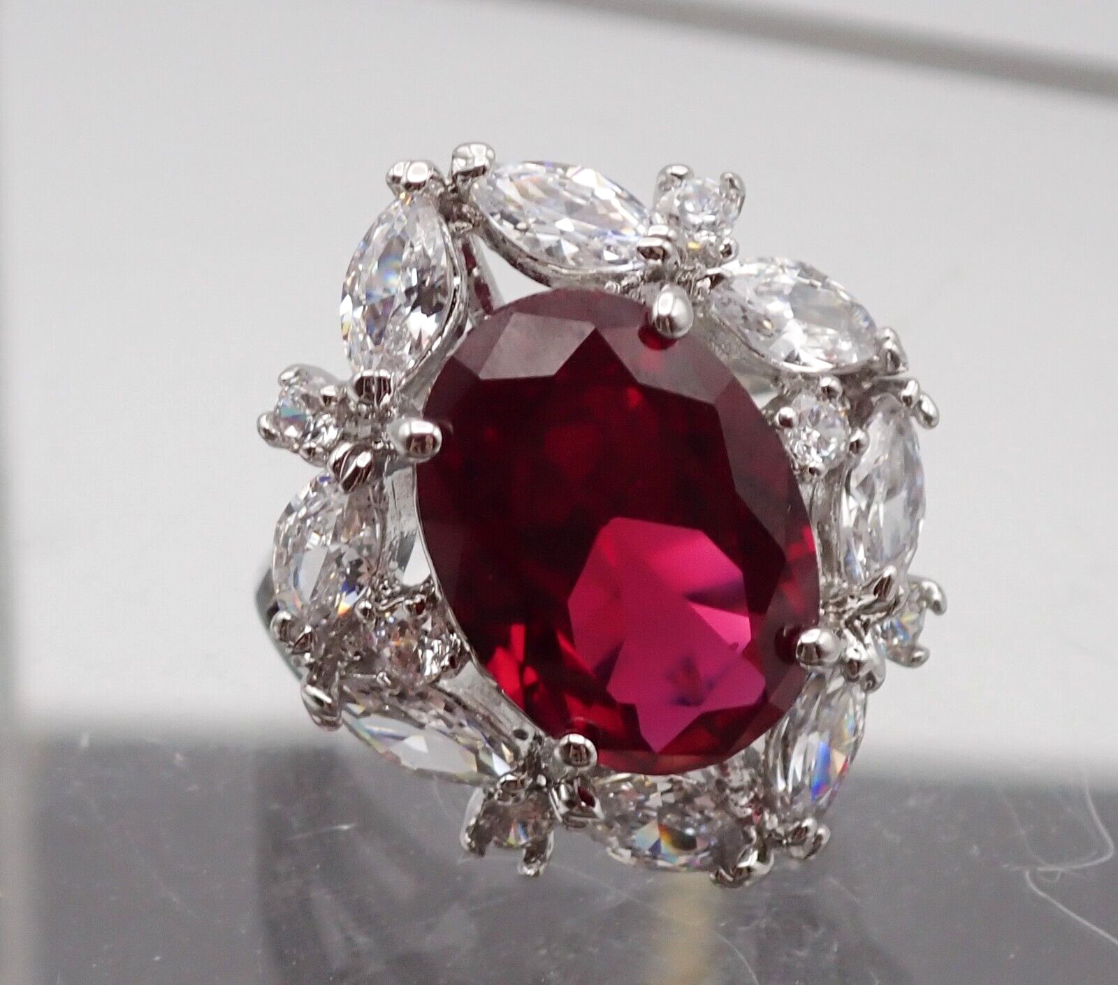 Red Oval Open Back Crystal Marquise Halo Silver Tone Size 5 Ring