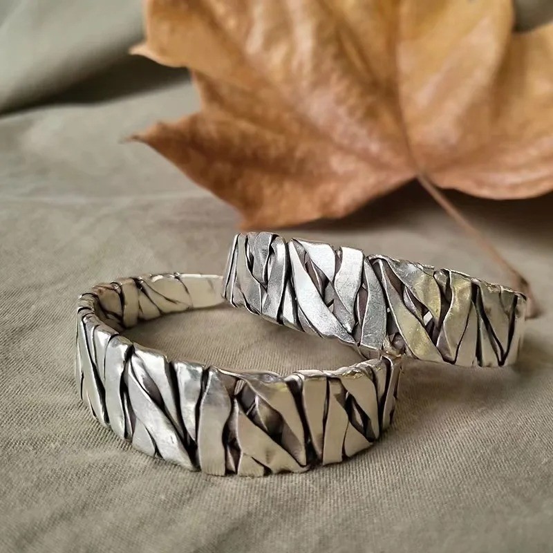 Retro C-shaped Braided Alloy Men Bracelet Silver Simple Cuff Jewelry Accessory