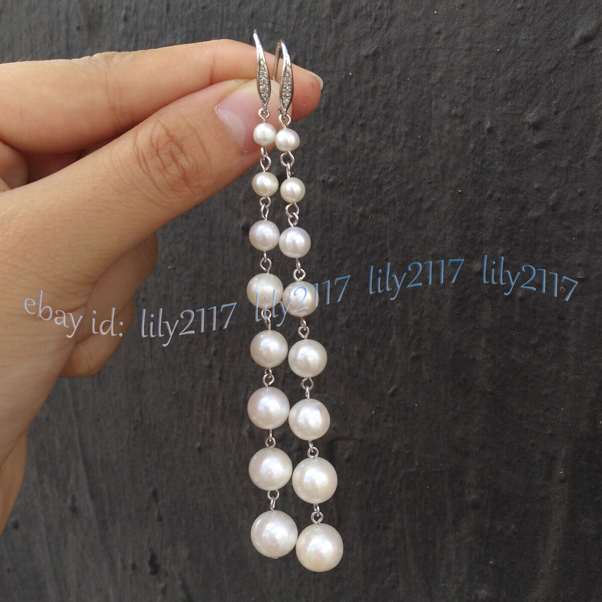 Long 6-11mm Natural White Freshwater Pearl Beaded Dangle Rhinestone Hook Earring