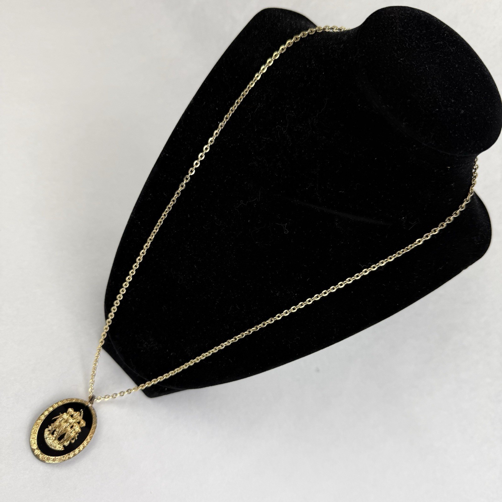 Vtg 3 Graces Pendant Necklace with Gold Tone Greek Key Rim on Black Glass 70s
