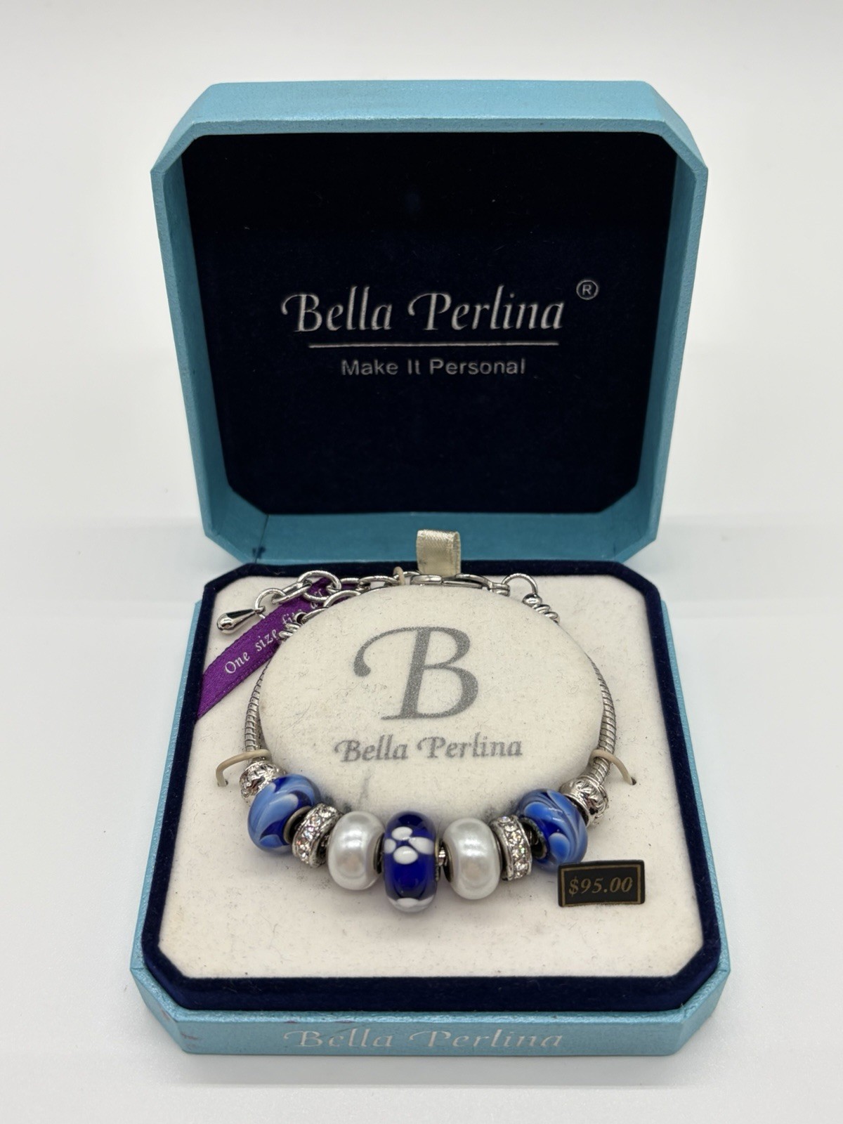 Bella Perlina Charm & Bead Bracelet -Silver Tone Crystal Blue Glass – One Size