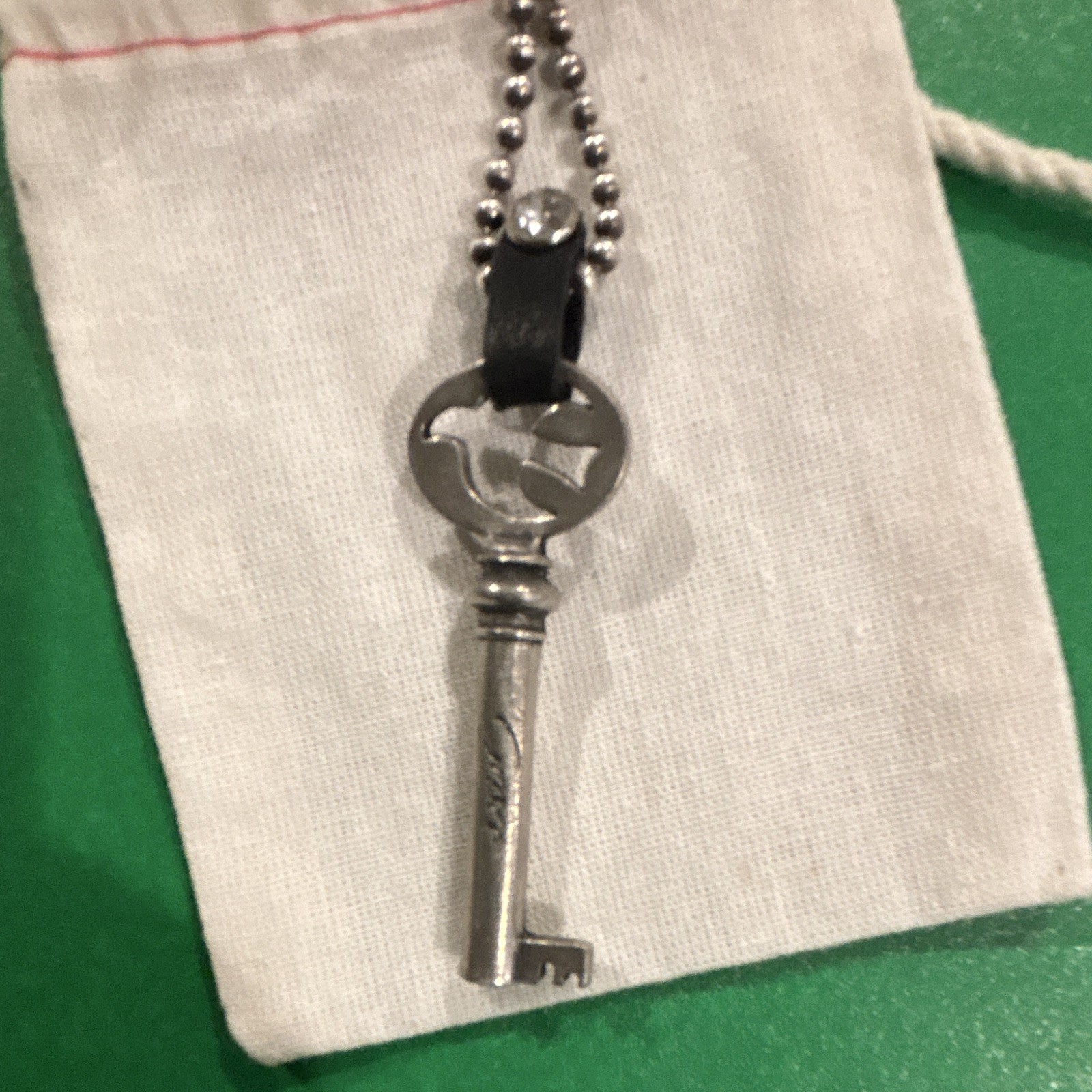 Key Pendant Necklace Silver Tone Black Leather Ball/Bead Chain Rhinestone