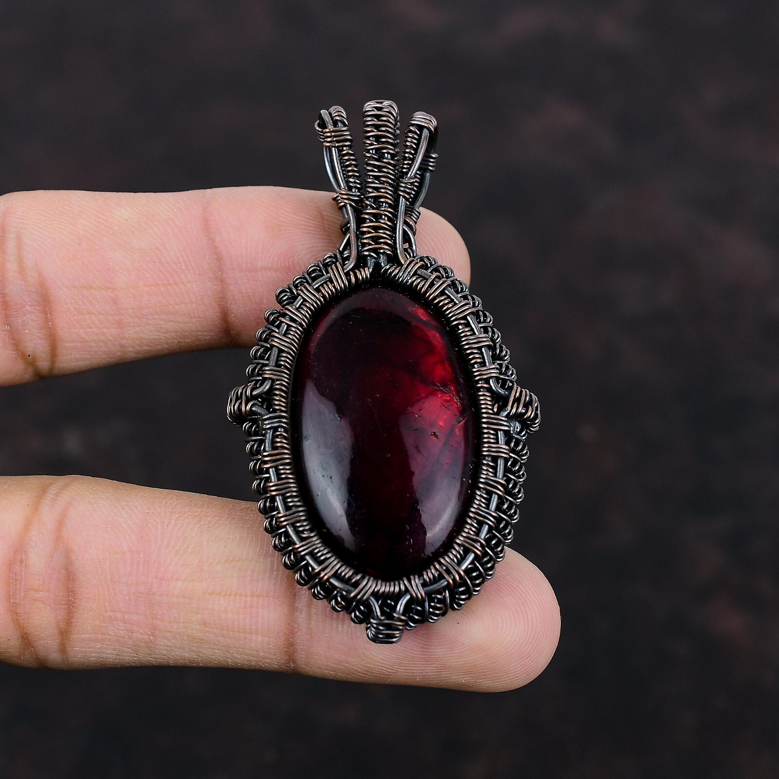 Red Fire Labradorite Copper Gift For Mum Wire Wrapped Pendant 2.64″
