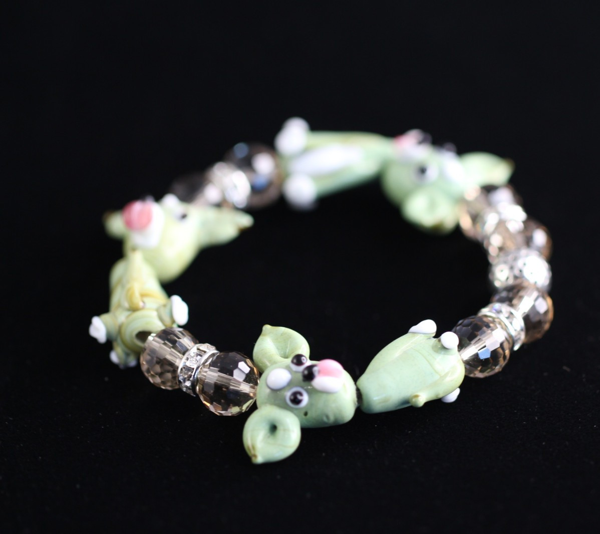 Dog Bracelet Green Lampwork 6.5″ inch Elastic Glass Beads Brown Crystal Ball