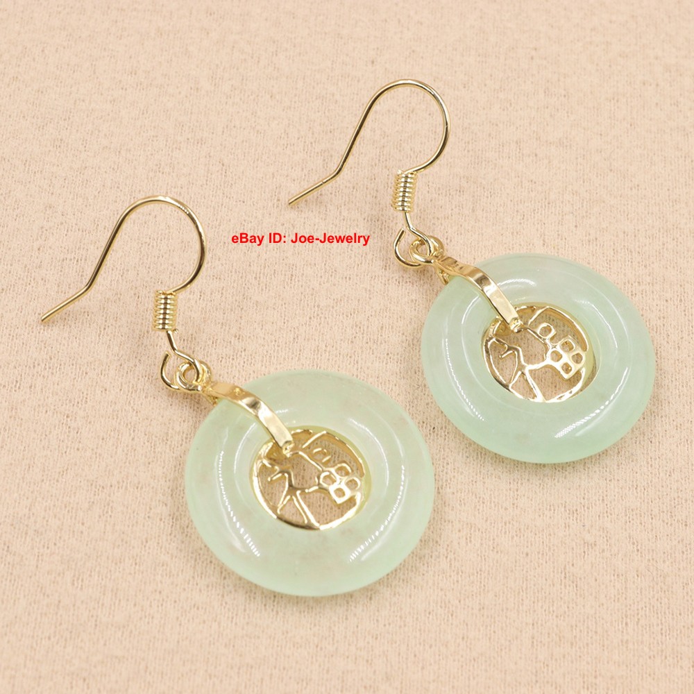 New Gold Plated Heated Light-Green Jade 福 Circle Dangle Earrings 38mm H