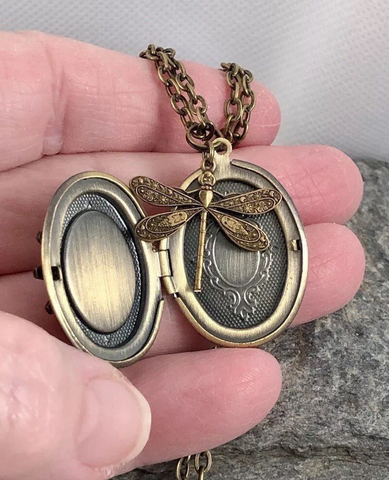 Working Compass Locket Necklace w/ Dragonfly Charm Vtg Pillbox Stash Box Pendent