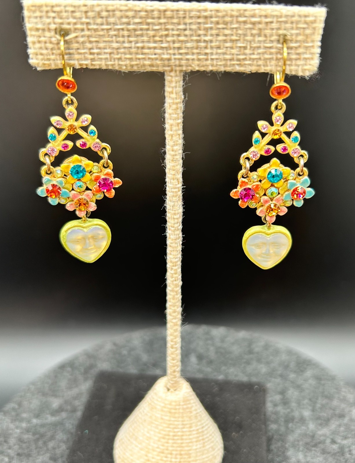 Kirks Folly Vintage Dangle Earrings Multicolor Rhinestone Moon Face Heart Gold