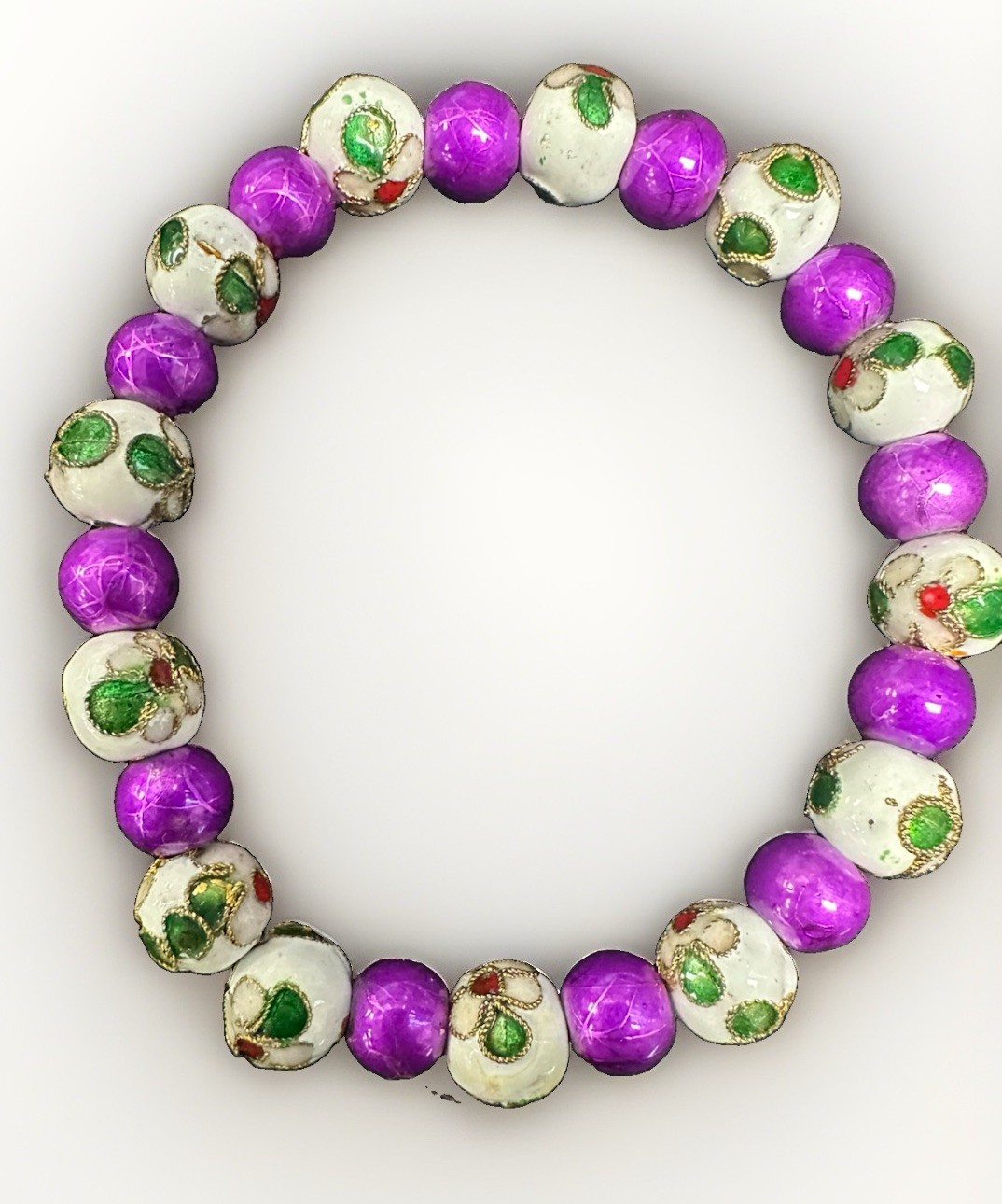 Purple White Green Beaded Stretch Bracelet Round Beads Floral Design