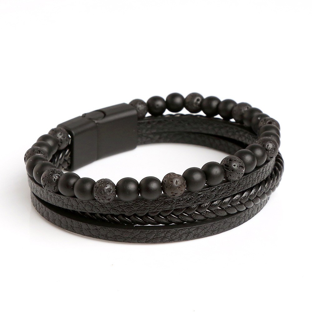 Men’s Tiger Eye Natural Stone Layered Braided Leather Beaded Bracelet