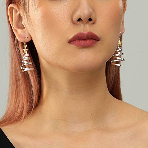 Handmade Christmas Tree Dangle Hoop Earrings Golden Silver Two Tone Women